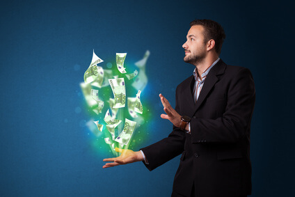 Mann beschwört Geld Mann beschwört Geld